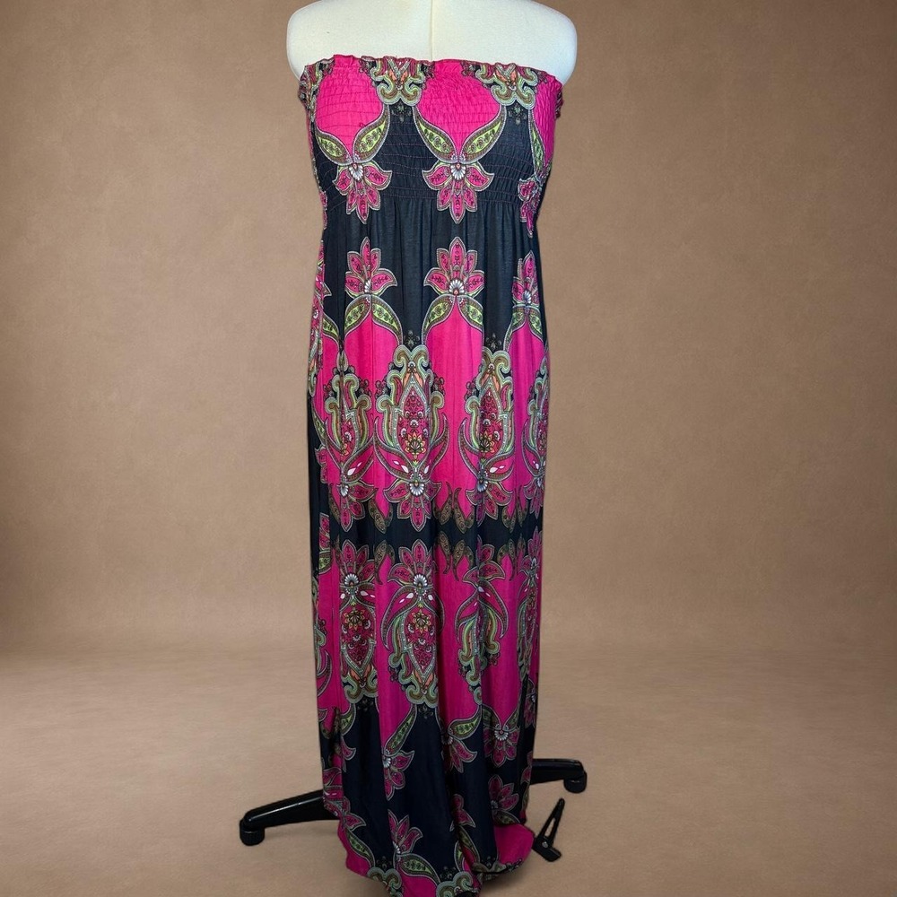 Chesley Pink Paisley Strapless Maxi Dress Boho Festival Beach Smocked Size L
